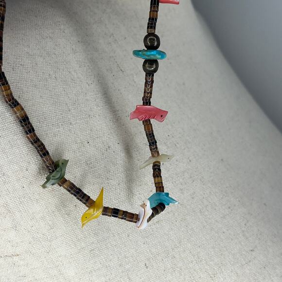 Zuni Fetish Necklace 10 Birds 18" Heishi Bead Native American Brown Multicolor - Picture 11 of 12